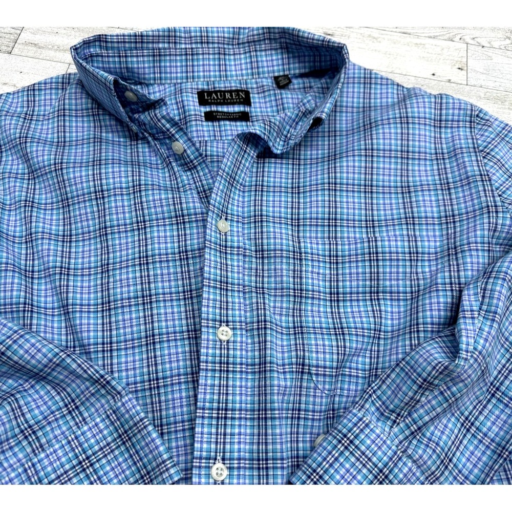 LAUREN RALPH LAUREN Men's Blue Plaid Stretch Fabric Regular Fit Button Shirt LG